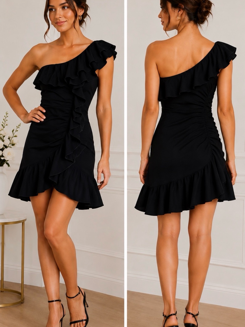 Jeweled by Badgley mischka one shoulder ruffles cocktail black dress size 12